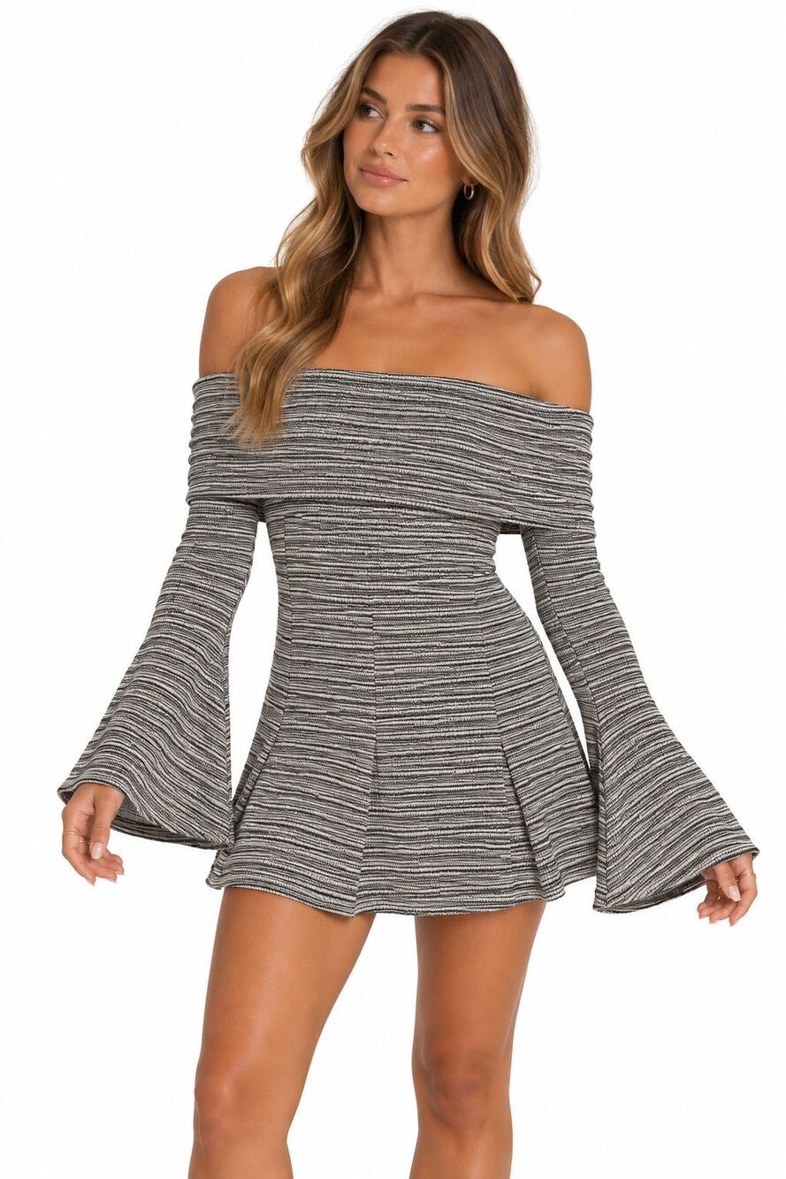 NWT PrettyLittleThing Textured Bardot Flared Sleeve Shift Dress Size 10